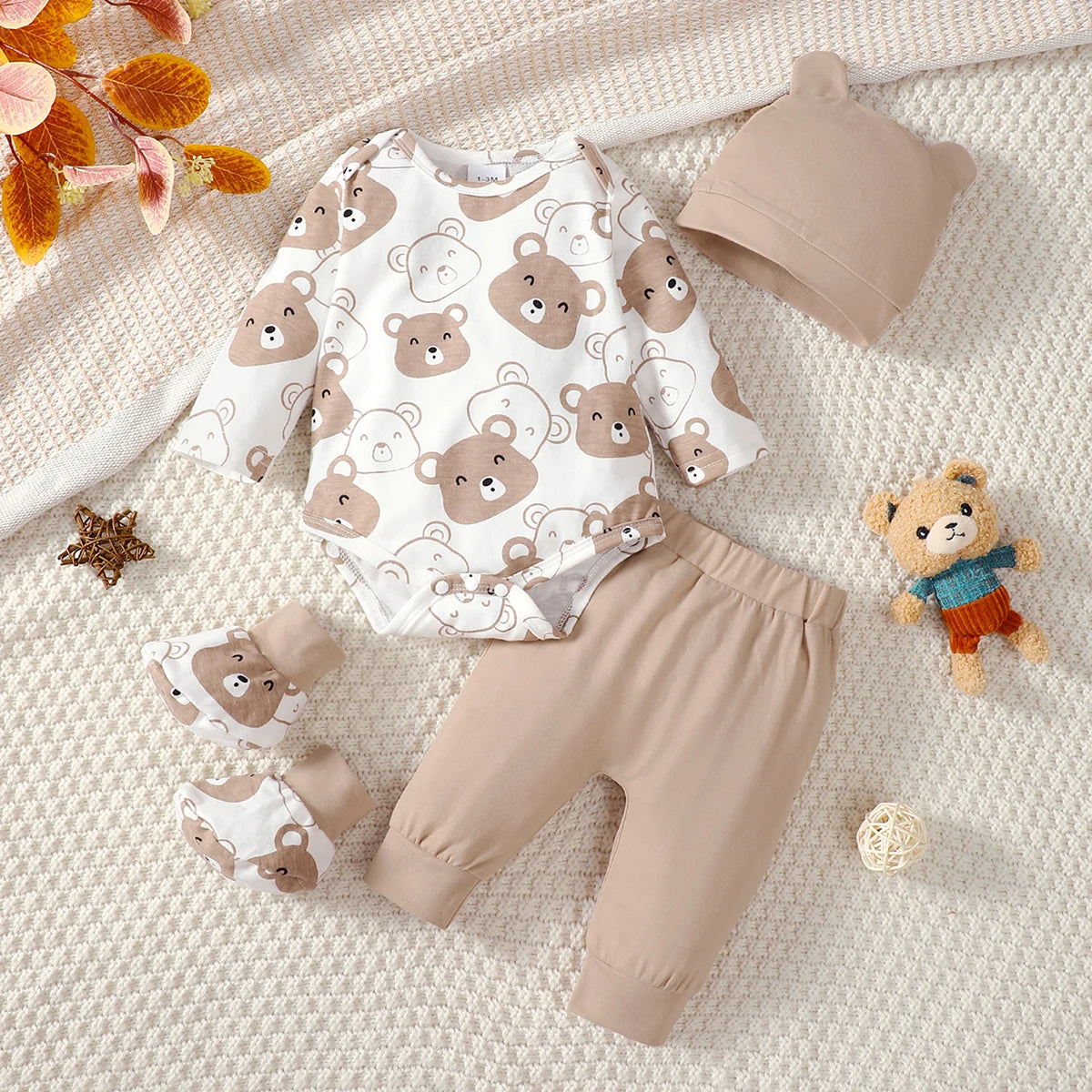 Conjunto de bebé de 0 a 9 meses, mono de manga larga de osito, pantalones, sombrero y calcetines, 4 unidades/juego, ropa de primavera y otoño para bebé recién nacido