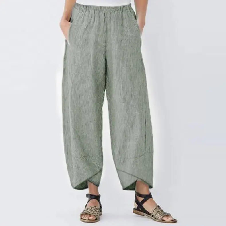 Pantalones bombachos Vintage de lino y algodón para mujer, pantalón de pierna ancha con cintura elástica, informal, holgado, con bolsillos sólidos