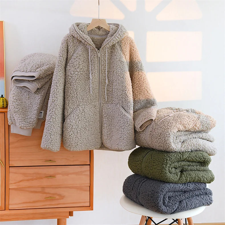 Otoño Invierno nuevas mujeres cálido suave pareja pijamas de lana Coral 2 piezas traje para casa Casual pijamas con capucha ropa de noche