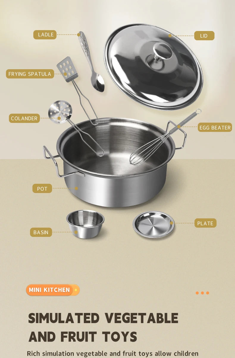 Juego de utensilios de cocina para niños, accesorios de cocina, ollas de madera y acero inoxidable con comida, regalo para niños