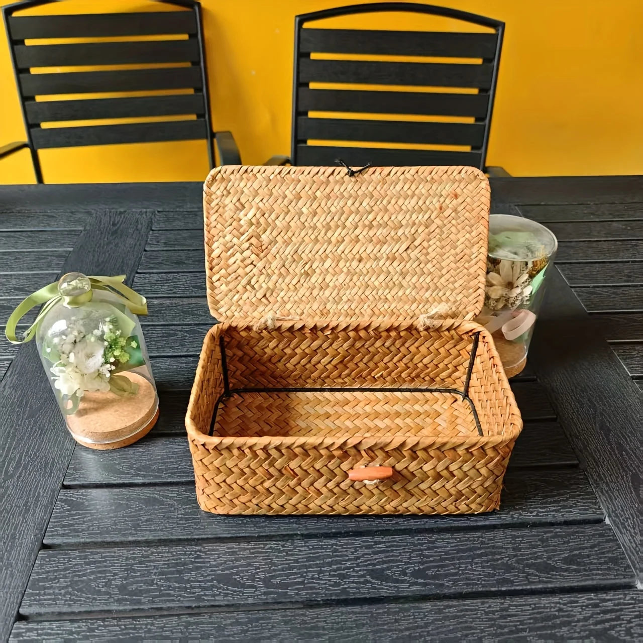 Cesta de almacenamiento Vintage tejida, decoración Pastoral bohemia para el hogar, caja de almacenamiento cubierta, caja de almacenamiento de escritorio, cesta Pastoral