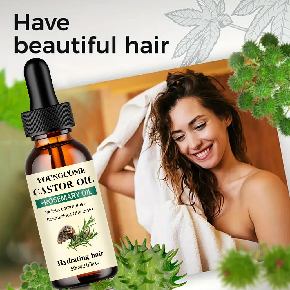 Mezcla de aceite de ricino y aceite de romero para el crecimiento del cabello, mejora el espesor y el brillo del cabello, reduce la caída del cabello y las puntas abiertas, aceite para el cuidado del cabello