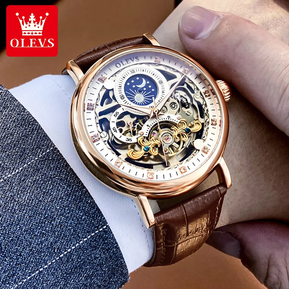 OLEVS Relojes de esqueleto, reloj mecánico automático para Hombre, reloj deportivo Tourbillon, reloj de pulsera informal de negocios con forma de Luna, Relojes para Hombre
