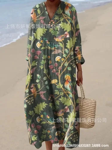 Vestido camisero con estampado Floral para mujer, vestido holgado a la moda con cuello en V, corte en A, elegante, para vacaciones en la playa, estilo sol, principios de otoño