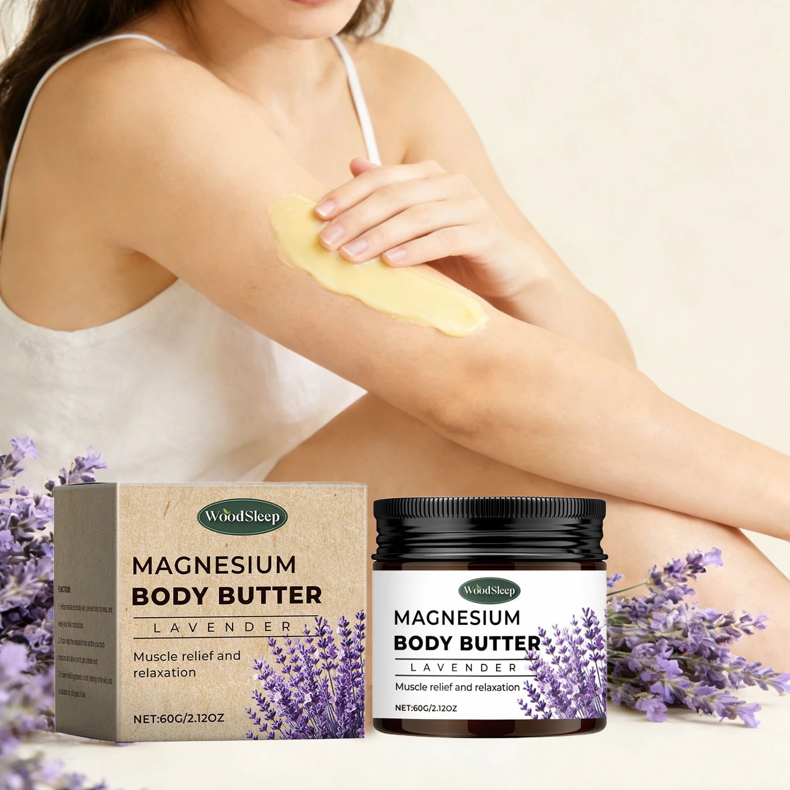 Crema corporal de magnesio con loción de mantequilla de lavanda, relaja los músculos, hidratante, alivia la sequedad, suaviza el producto para el cuidado de la piel