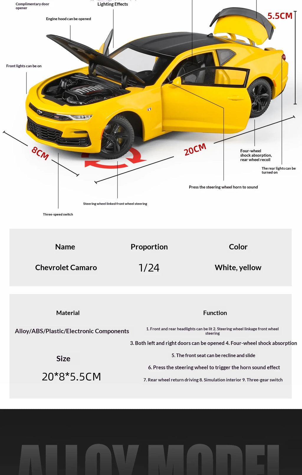 Modelo de coche de aleación Camaro - Puertas abiertas - Absorción de impactos de neumáticos de goma - Cuerpo de metal fundido a presión - Decoraciones para automóviles