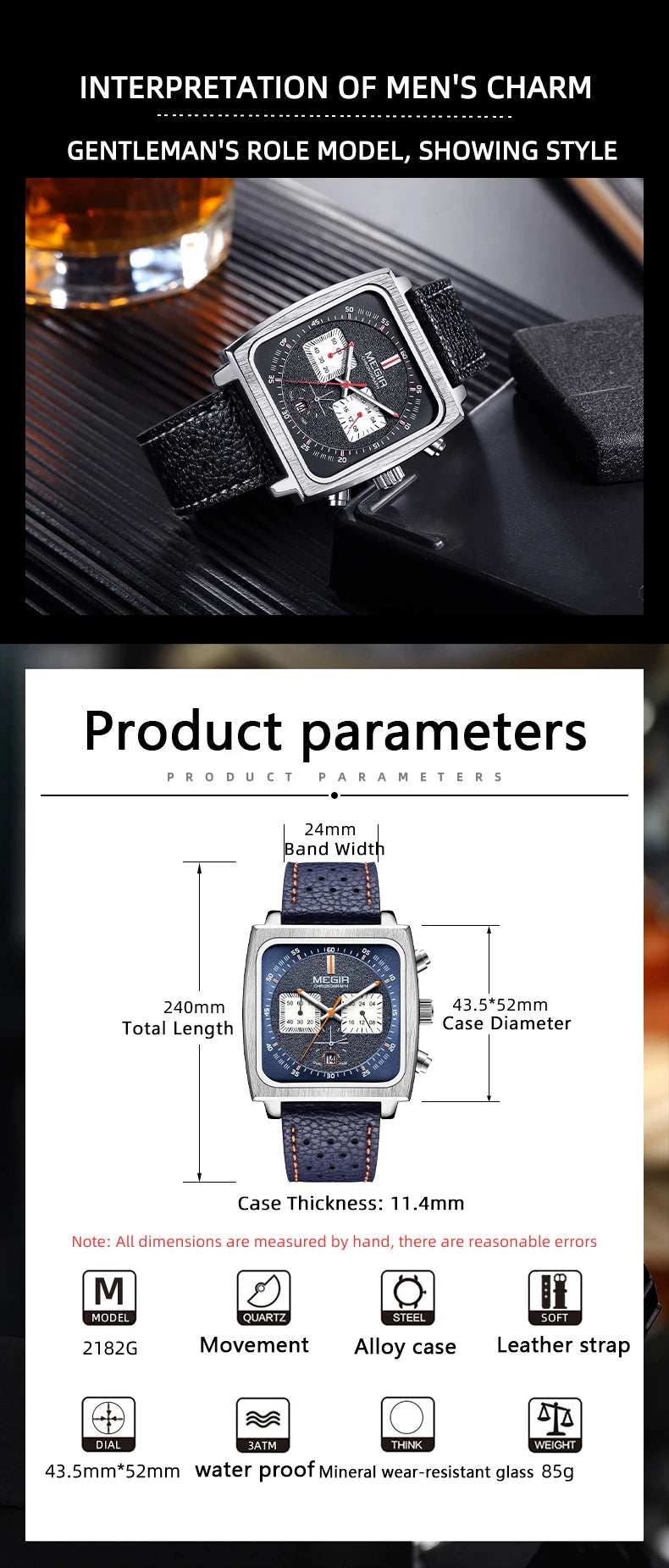 MEGIR 2182 cronógrafo deportivo de moda de lujo relojes de pulsera de cuero militar multifuncionales con fecha para hombres reloj Masculino