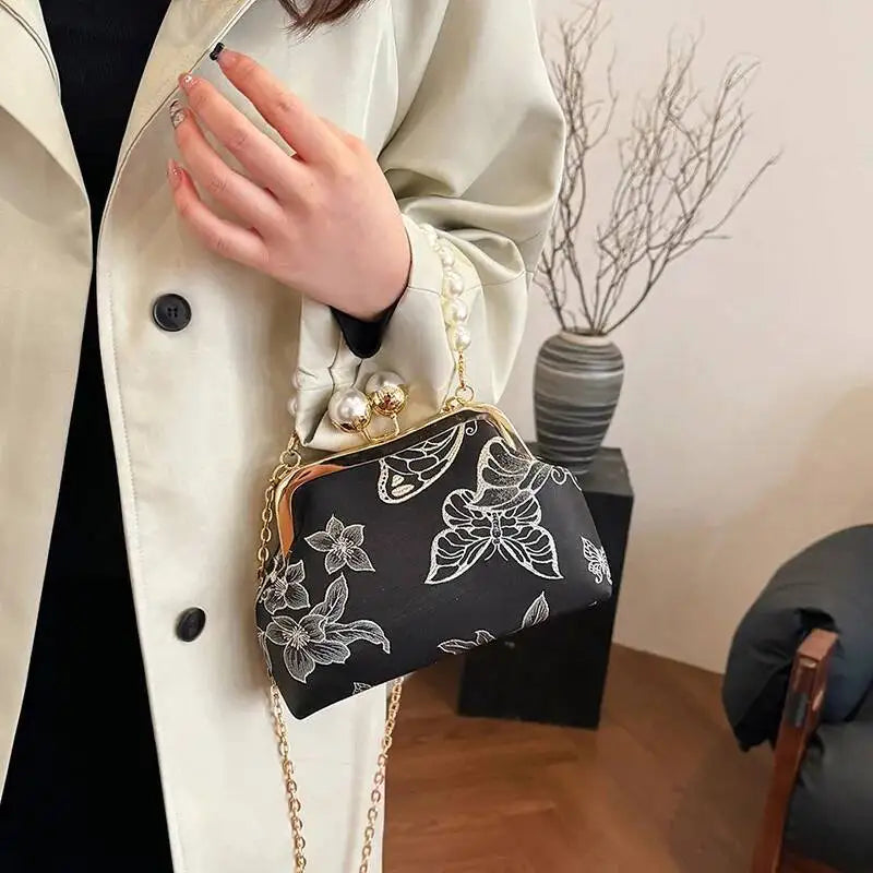 Bolso de mano bordado de estilo bohemio para mujer, bolsos de hombro con patrón floral, elegante bolso con correa de cadena y asa de metal, cartera de regalo