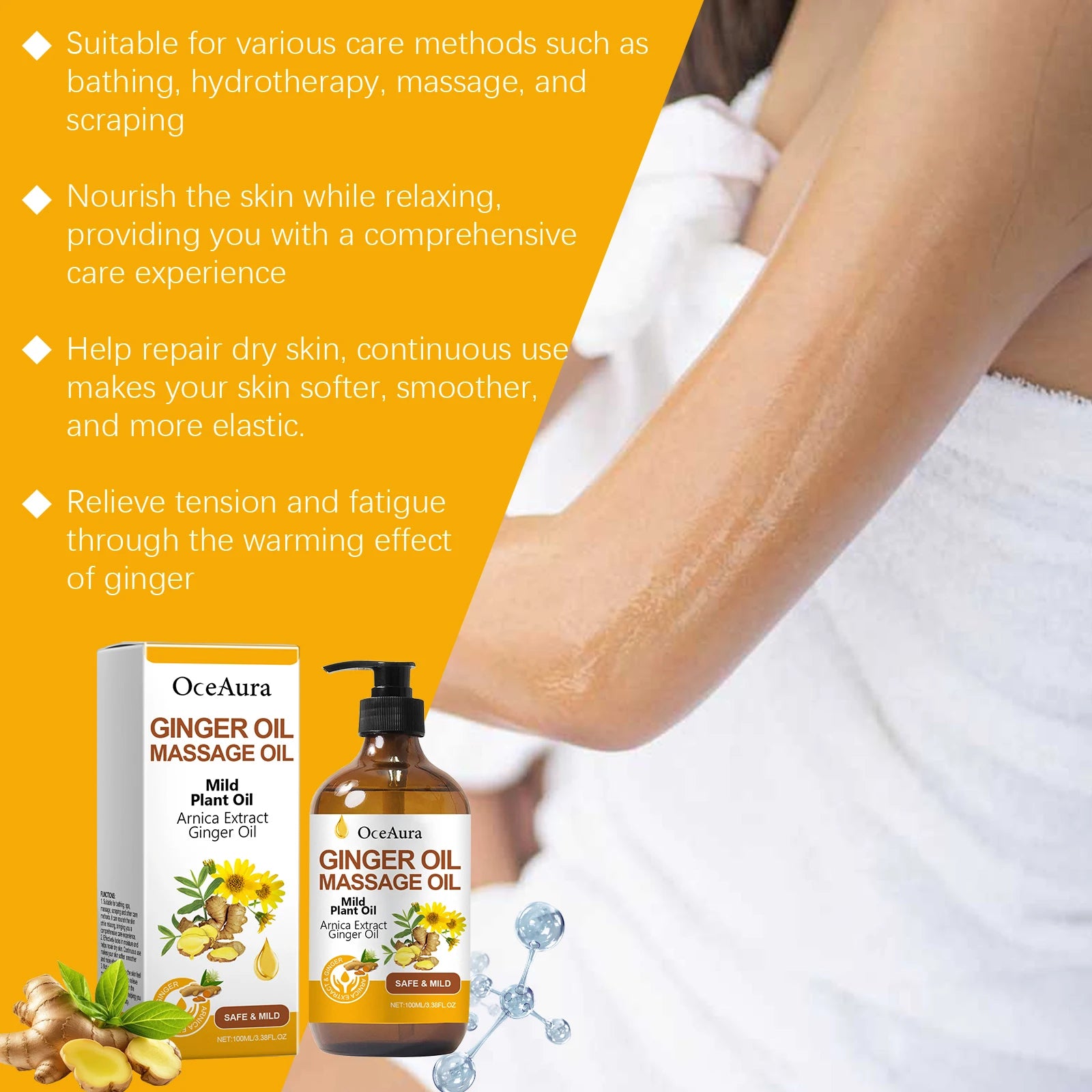 Aceite de masaje relajante de jengibre para el cuerpo, mejora la piel seca y áspera, hidratante, nutritivo, restaura la vitalidad de la piel, cuidado corporal, 100ML