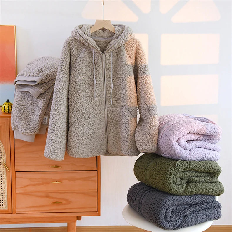 Otoño Invierno nuevas mujeres cálido suave pareja pijamas de lana Coral 2 piezas traje para casa Casual pijamas con capucha ropa de noche