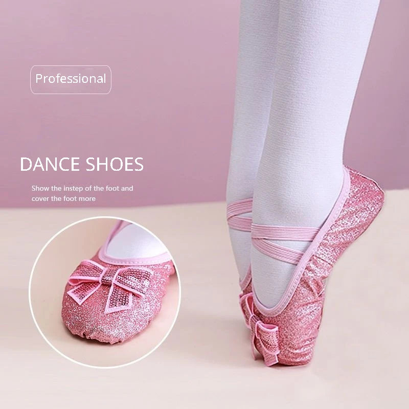 Zapatos de baile para niños, zapatos planos de Ballet para niñas, lazo de arcoíris, lentejuelas, cuero, suela blanda, actuación