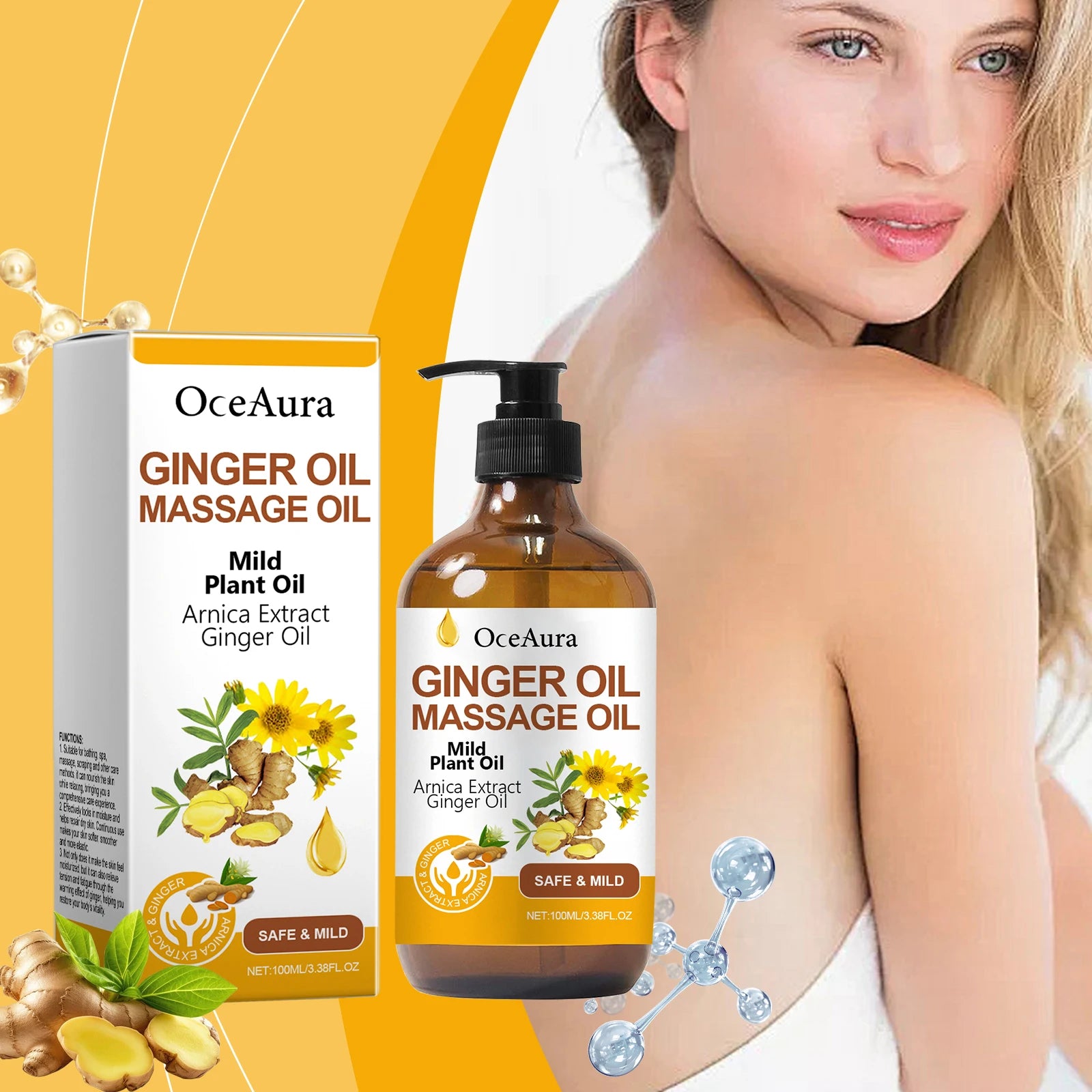 Aceite de masaje relajante de jengibre para el cuerpo, mejora la piel seca y áspera, hidratante, nutritivo, restaura la vitalidad de la piel, cuidado corporal, 100ML