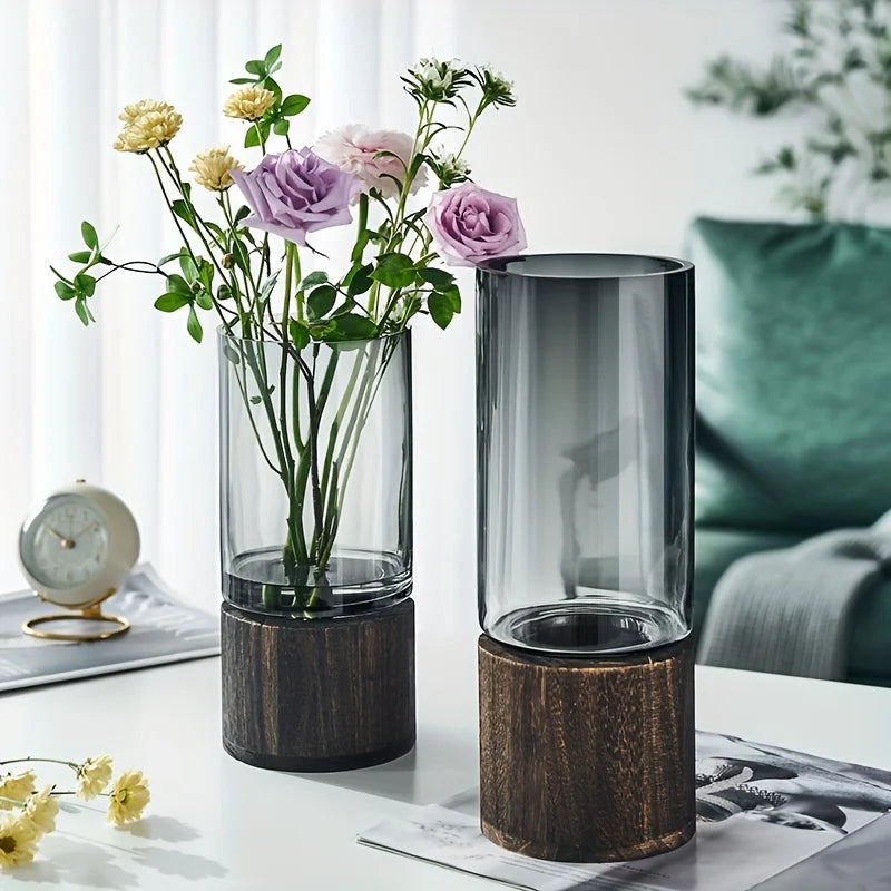 Elegante florero de cristal con base de madera para plantas hidropónicas, arreglo floral de mesa moderno, decoración del hogar