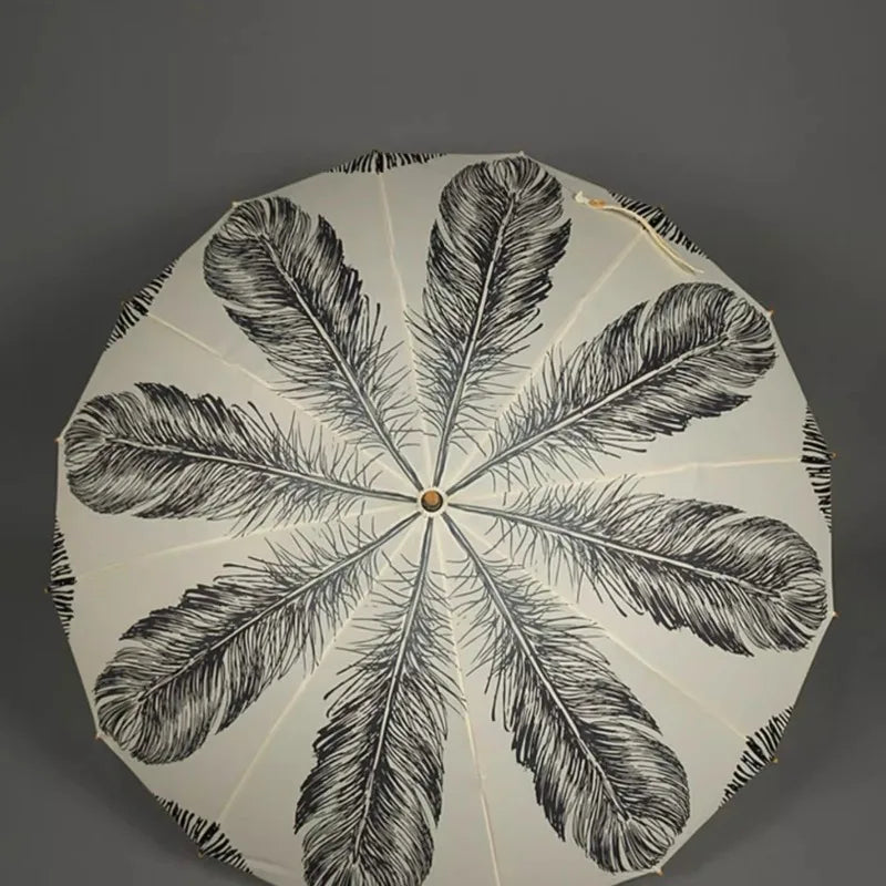 Paraguas Vintage de bambú con mango largo, paraguas manuales con arco de plumas blancas, mango de madera, artículos artísticos simples nórdicos para el hogar