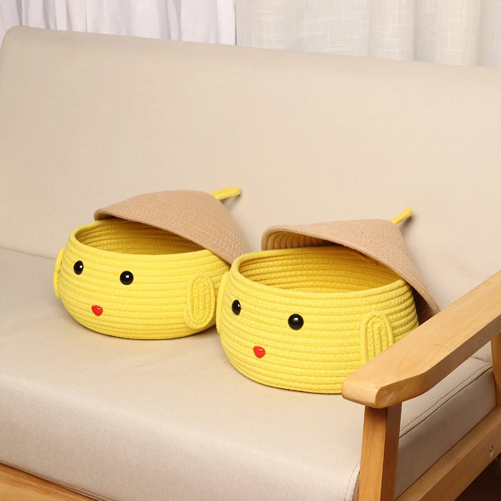 Cesta de almacenamiento tejida a mano, cuerda de algodón con tapa, cesta bonita de dibujos animados, organizador de juguetes para aperitivos, caja de almacenamiento de maquillaje de escritorio, decoración del hogar