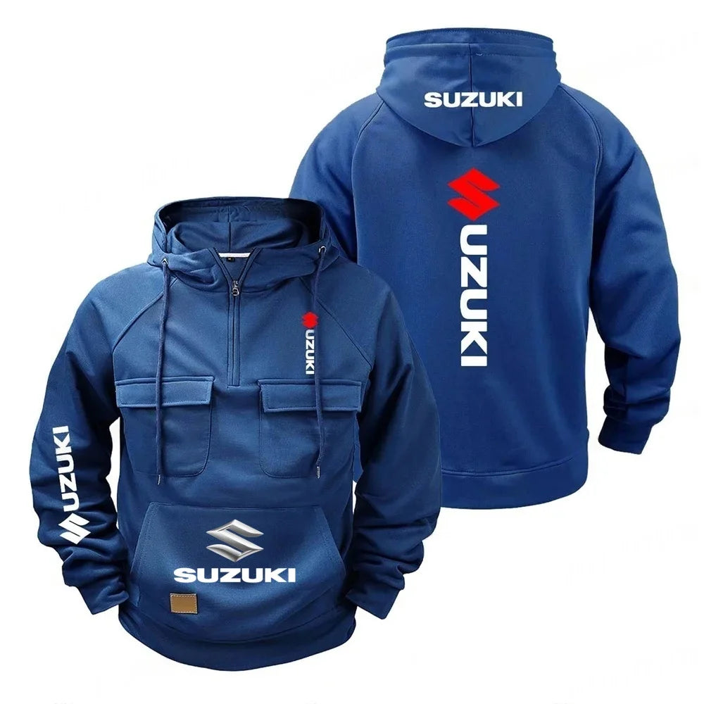 Chaqueta holgada con capucha retro Suzuki para hombre y mujer, sudadera con capucha de felpa con múltiples bolsillos, camisa informal de moda para exteriores