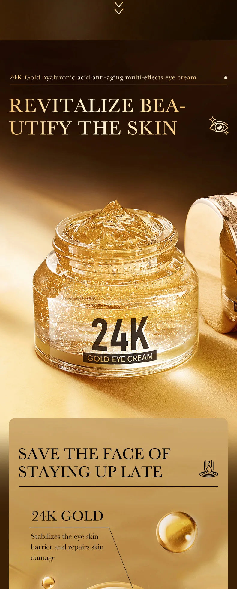 Crema de ojos de ácido hialurónico de oro de 24k, bolsas para ojos antiojeras, productos hidratantes reafirmantes para el cuidado de la piel de los ojos