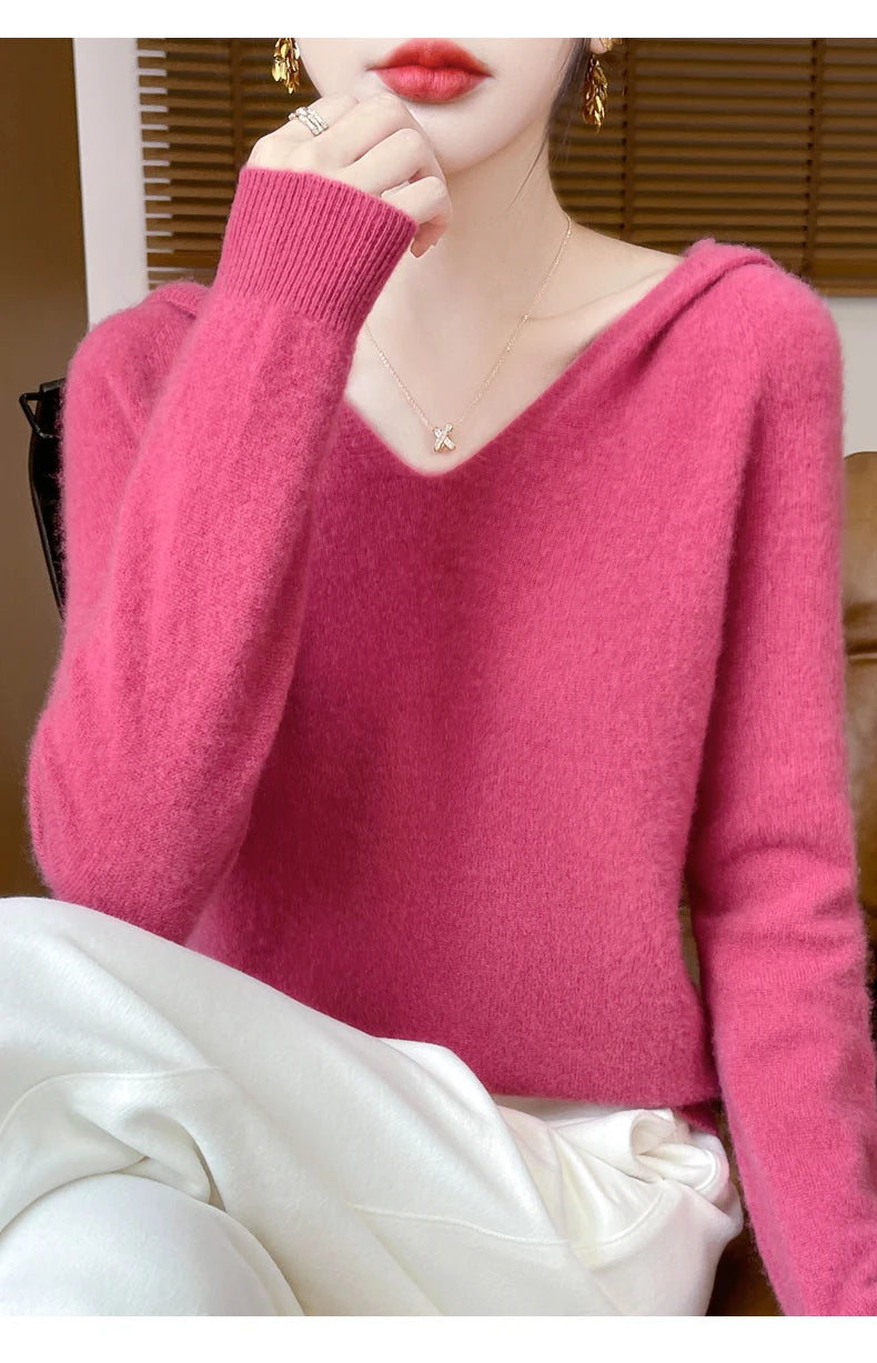 Ropa de Otoño Invierno para mujer, jersey con cuello con capucha, suéter de lana merina de 100%, Tops de Cachemira a la moda, prendas de punto suaves