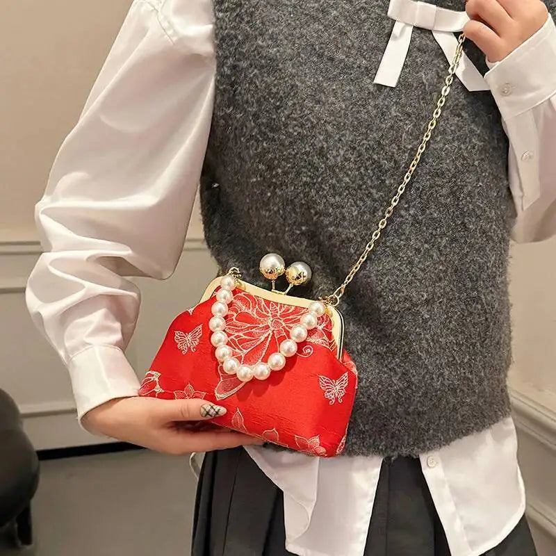 Bolso de mano bordado de estilo bohemio para mujer, bolsos de hombro con patrón floral, elegante bolso con correa de cadena y asa de metal, cartera de regalo
