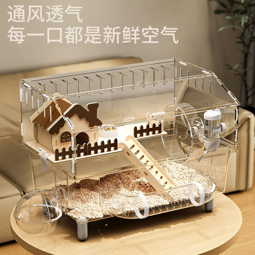 Jaula para hámster, jaula de oso dorado, nido de invierno, fácil de limpiar, villa de lujo acrílica, casa especial cálida para invierno