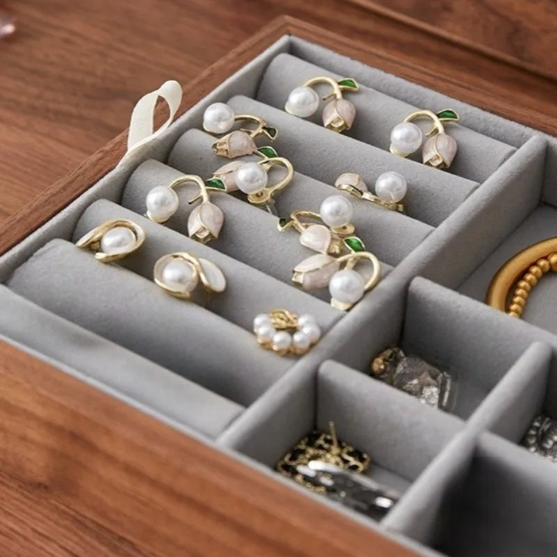 Caja de joyería de madera maciza, caja de joyería de gran capacidad, exquisitas cajas de joyería, collar, pendientes, anillos, pulsera, cajas de joyería