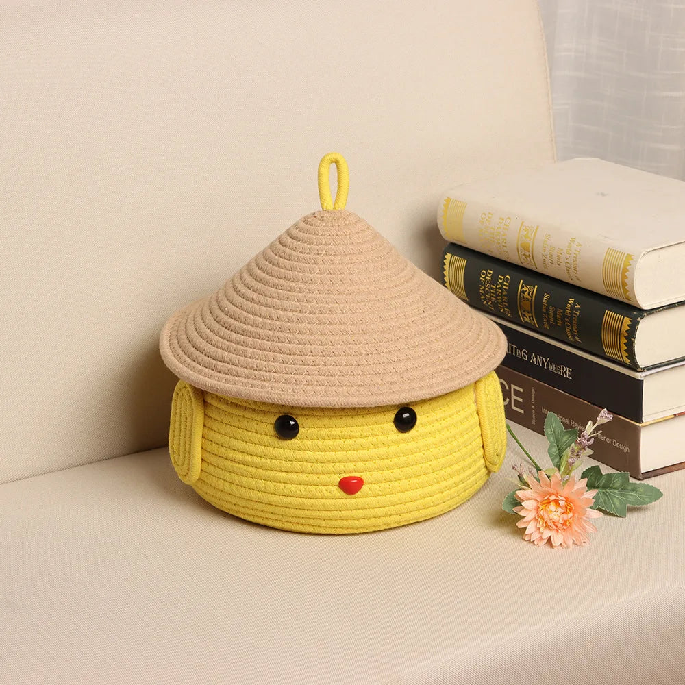 Cesta de almacenamiento tejida a mano, cuerda de algodón con tapa, cesta bonita de dibujos animados, organizador de juguetes para aperitivos, caja de almacenamiento de maquillaje de escritorio, decoración del hogar