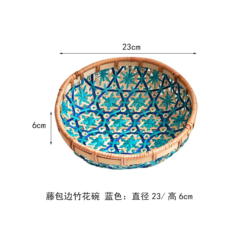 Cesta tejida colorida hecha a mano, bandeja de almacenamiento de aperitivos de frutas secas, cestas de almacenamiento de aperitivos de frutas secas hechas de bambú, cesta de picnic de frutas