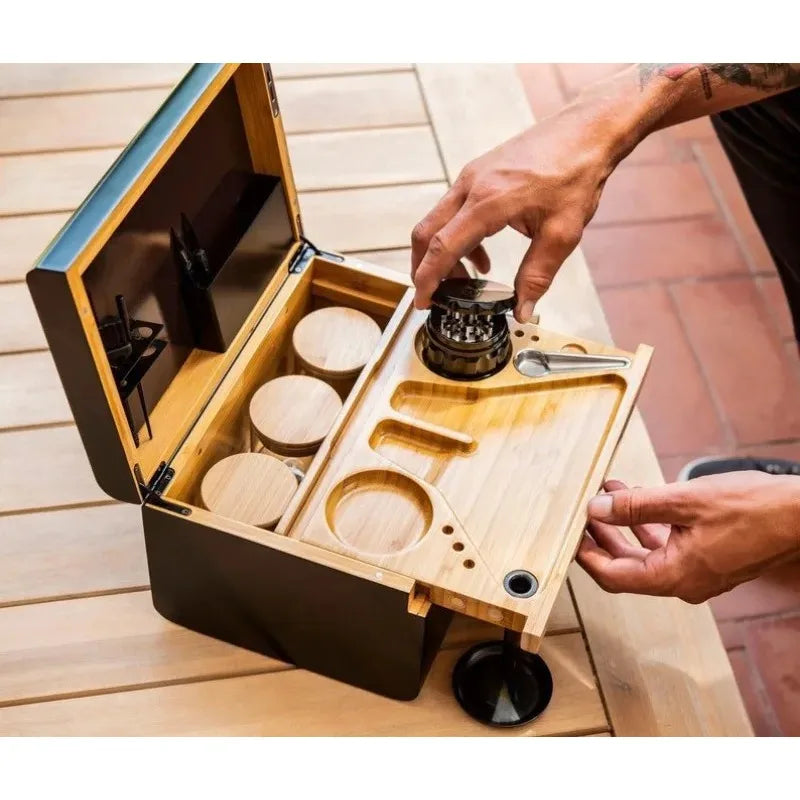 Cofre de almacenamiento de bambú Premium, bandeja rodante móvil, caja de madera, organizador triturador, accesorios para fumar, herramientas, decoraciones de mesa
