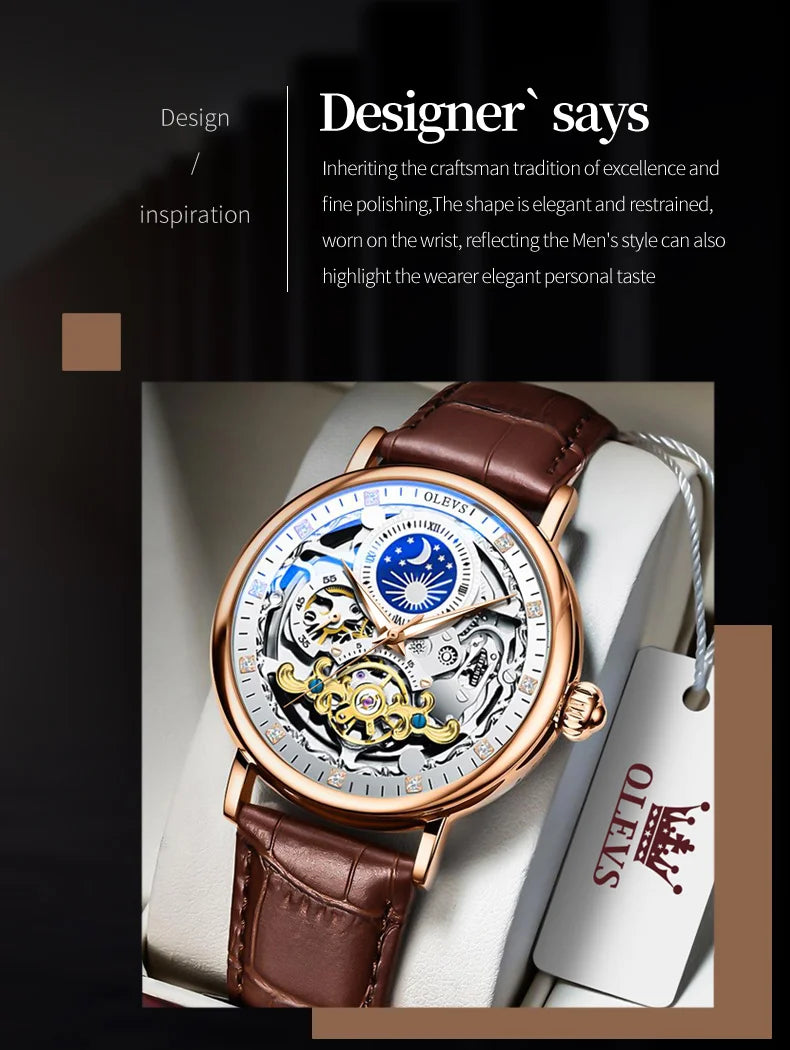 OLEVS Relojes de esqueleto, reloj mecánico automático para Hombre, reloj deportivo Tourbillon, reloj de pulsera informal de negocios con forma de Luna, Relojes para Hombre