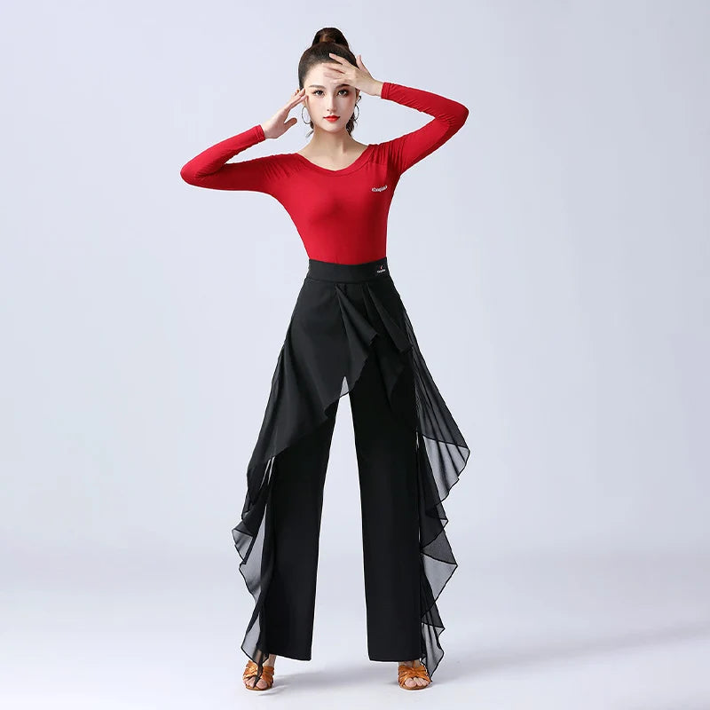 Pantalones de baile latino para mujer, pantalones anchos con volantes de cintura alta para baile moderno, pantalones de salón Tango Samba, traje de práctica de actuación