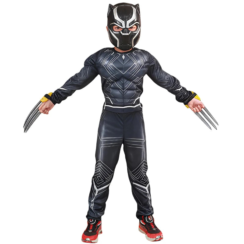 Disfraz de Pantera Negra para niños, mono con músculos, superhéroe, Pantera Negra, Cosplay, máscara, garras, disfraces de Halloween para niños