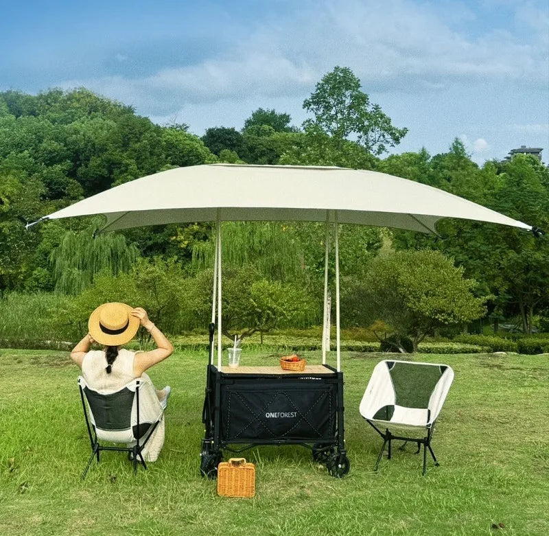 Carro de Camping plegable con sombrilla, carrito de mano de almacenamiento multifuncional portátil de viaje, herramientas útiles y prácticas para acampar al aire libre