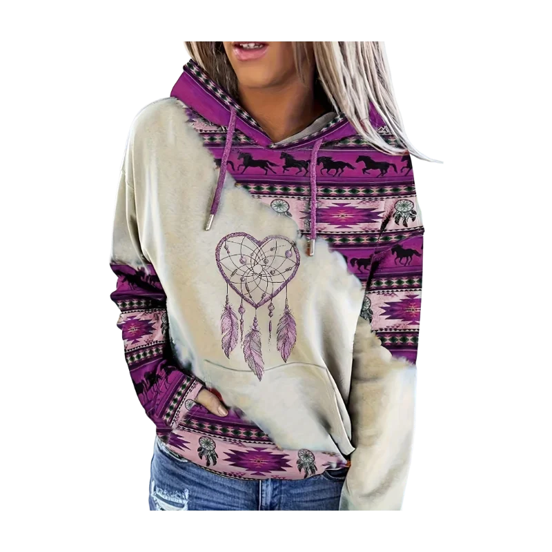 Sudadera con capucha de cuello redondo para mujer, informal, a la moda, estilo étnico occidental, estampado retro, top con capucha para mujer