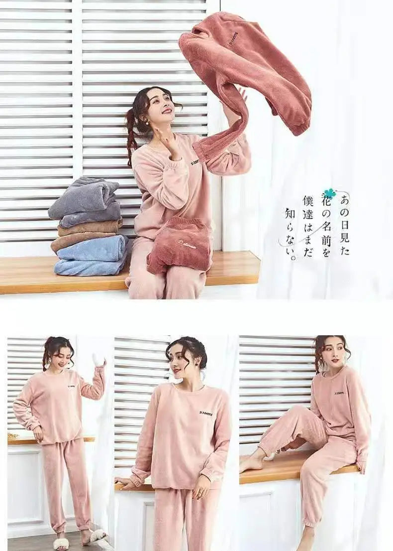 Pijamas de invierno de franela cálida para mujer, ropa de ocio gruesa, conjunto de pijamas lisos de manga larga de terciopelo Coral sencillo, 2025-26