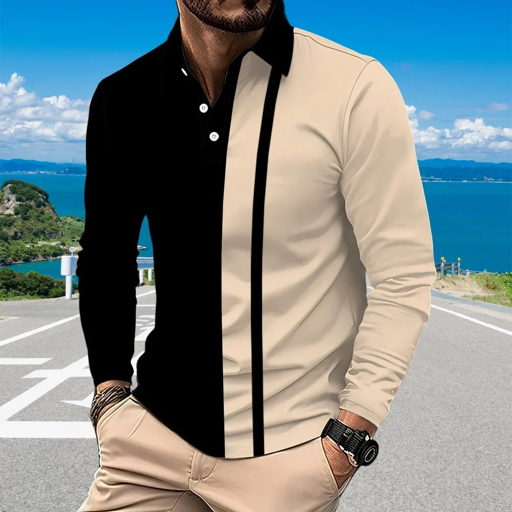 Ropa de golf para hombre con estampado de rayas negras a la moda, polo con botones y cuello blanco, ropa para hombre, solapa de oficina de manga larga para hombre