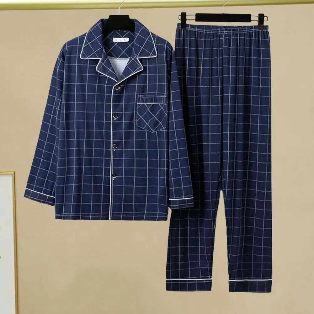 Pijamas acogedores de poliéster para hombre, conjunto de pijamas de otoño e invierno con estampado a cuadros a rayas, solapa a juego, manga larga de un solo pecho