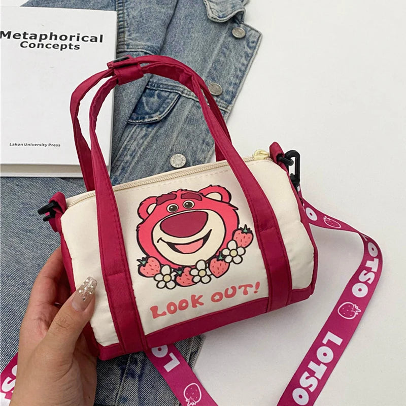 Bolso de hombro de lona de punto para mujer, bolso cruzado informal con oso de fresa de dibujos animados, desplazamientos diarios