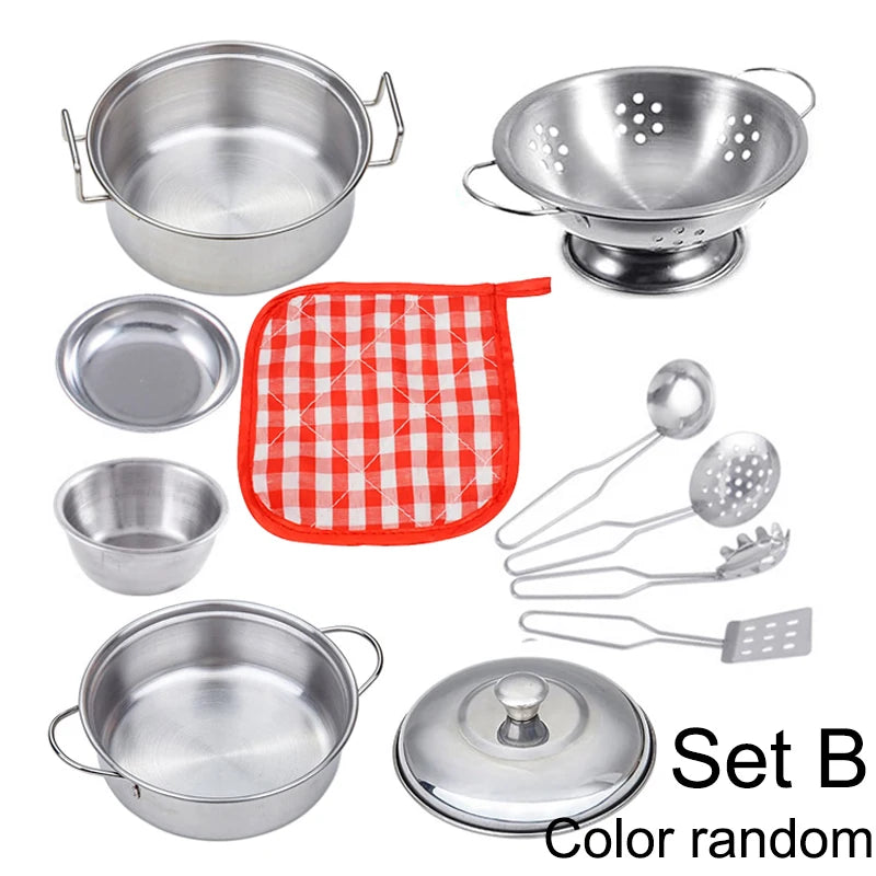 Accesorios para juego de imitación de cocina, juguetes con utensilios de cocina de acero inoxidable, juego de ollas y sartenes, utensilios de cocina, herramienta de aprendizaje para regalos