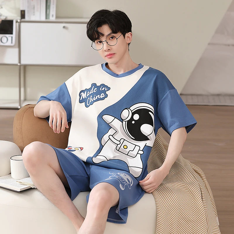 Pijamas para hombre y adolescente, pantalones cortos de algodón de manga corta con dibujos de astronauta, conjunto de ropa de descanso para estudiantes de secundaria, pijama para hombre, envío directo