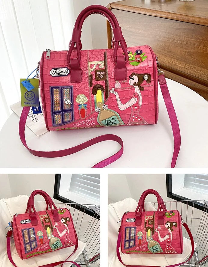 Bolso de mujer tridimensional bordado europeo y americano nuevo bolso Boston de hombro de gran capacidad bolso cruzado de moda