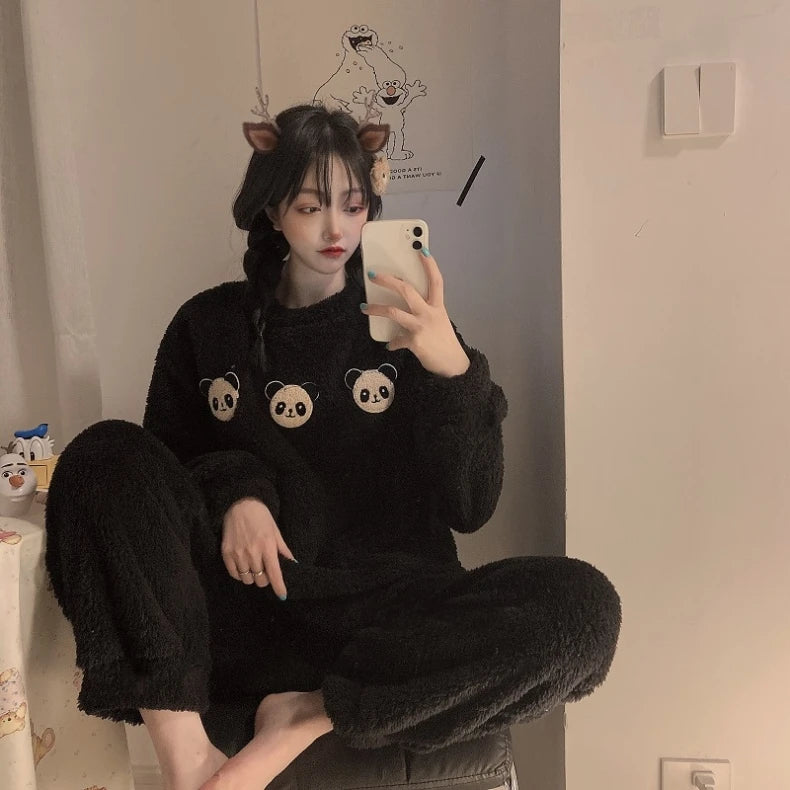 Conjunto de Pijamas gruesos y cálidos de lana para mujer, ropa de dormir de invierno, Top liso informal y pantalones a cuadros, conjunto de Pijamas suaves para mujer, traje para casa