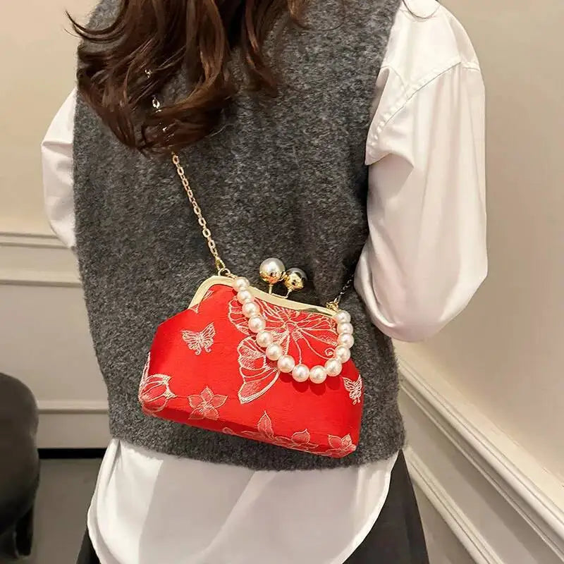 Bolso de mano bordado de estilo bohemio para mujer, bolsos de hombro con patrón floral, elegante bolso con correa de cadena y asa de metal, cartera de regalo
