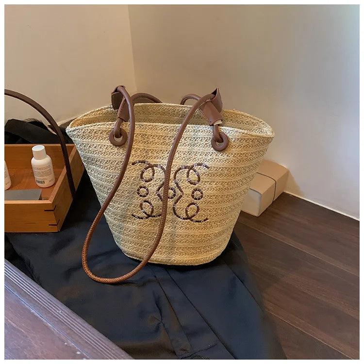 Bolso de hombro Retro a la moda, bolso de mano para mujer, bolso de diseñador de marca de lujo, bandolera de hombro de paja para mujer, bolsos de playa elegantes para mujer