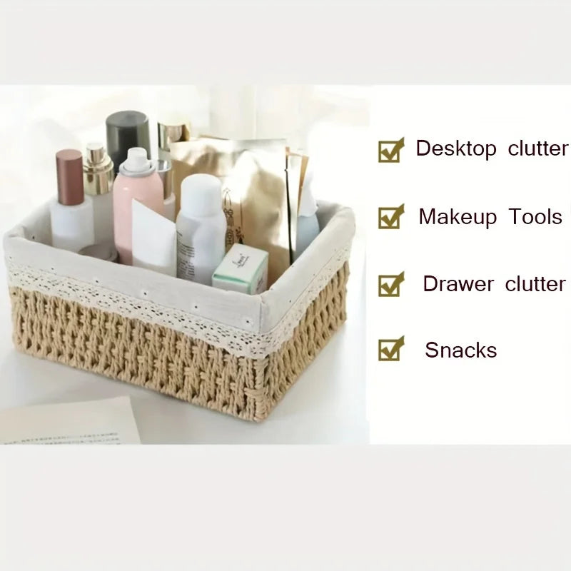 Cesta de almacenamiento de ratán hecha a mano, cesta de almacenamiento de escritorio de ratán con forro de encaje extraíble, adecuada para almacenamiento de cosméticos, 1 ud.