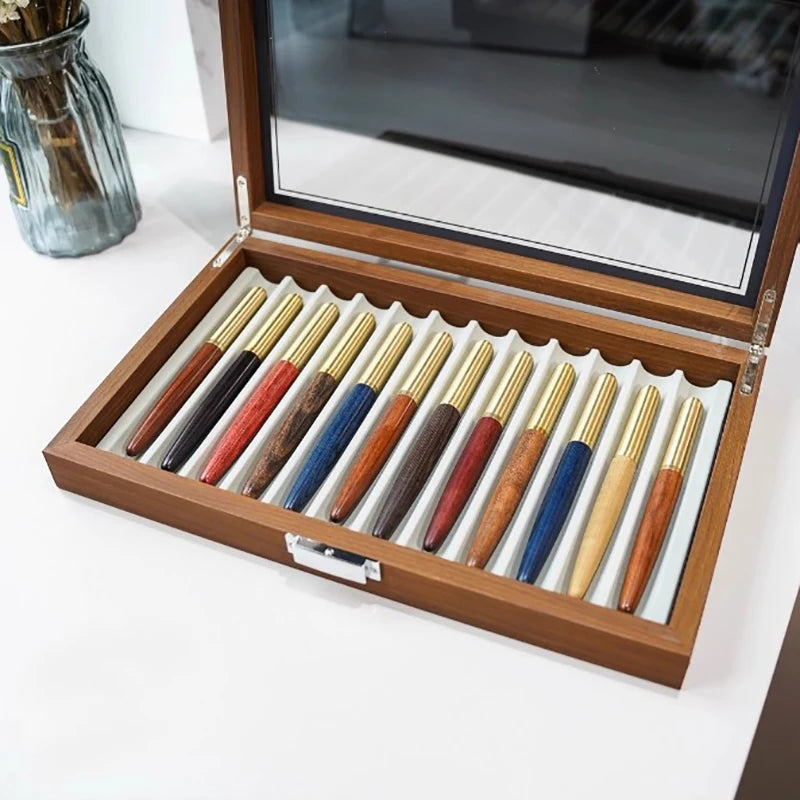 Caja de almacenamiento para bolígrafos de 12 rejillas, textura de nogal de gran capacidad, vitrina transparente, estante organizador coleccionable