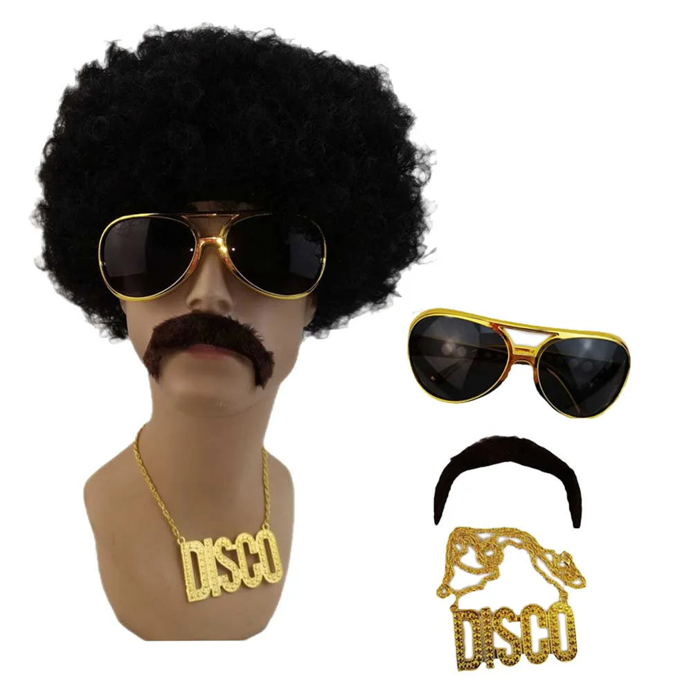 Pelucas de pelo Afro de fantasía para hombres, collar de anteojos, accesorios de disfraz, fiesta de discoteca, accesorios de fantasía, Cosplay Hippie, 70s, 80s