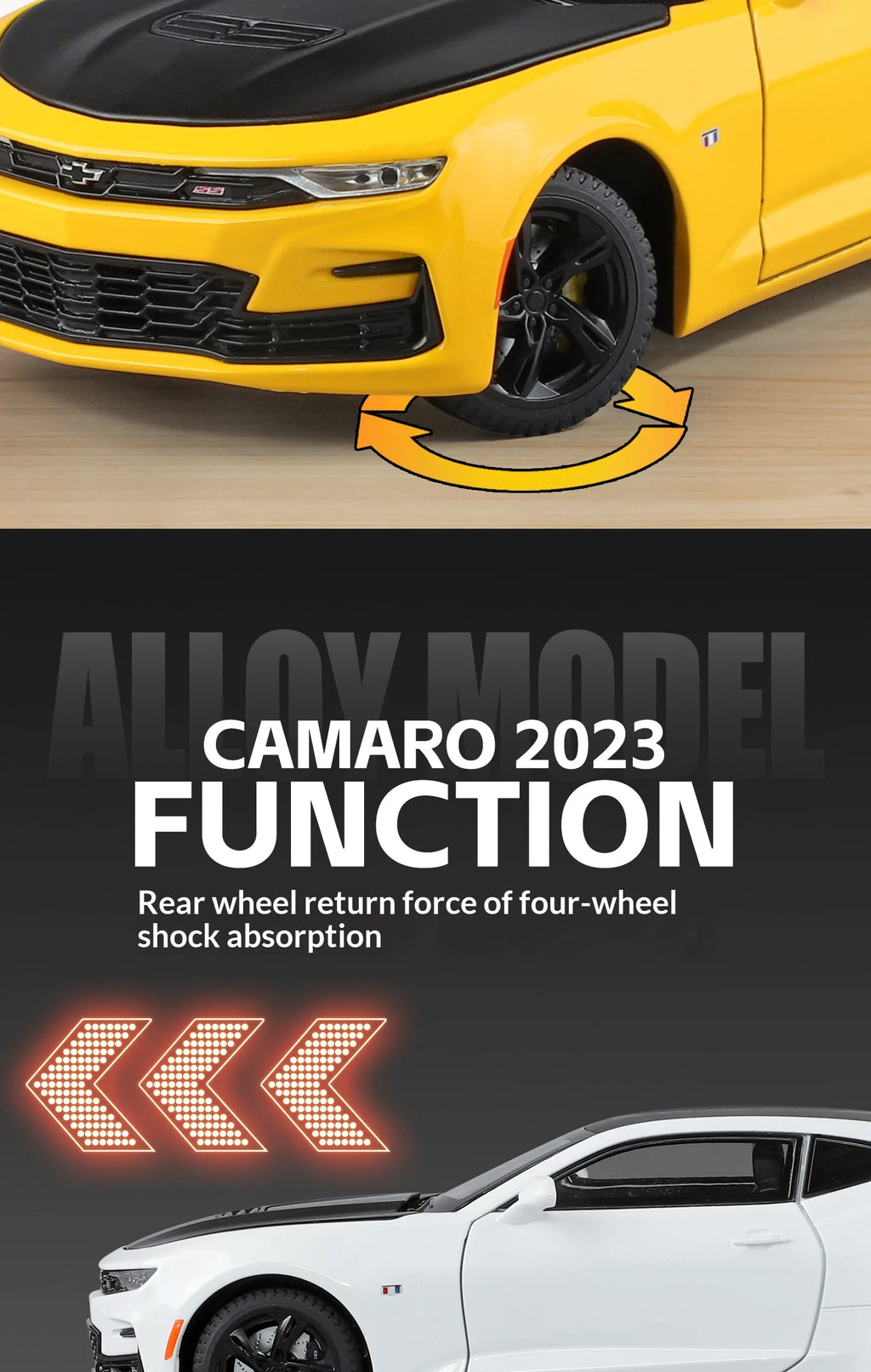 Modelo de coche de aleación Camaro - Puertas abiertas - Absorción de impactos de neumáticos de goma - Cuerpo de metal fundido a presión - Decoraciones para automóviles