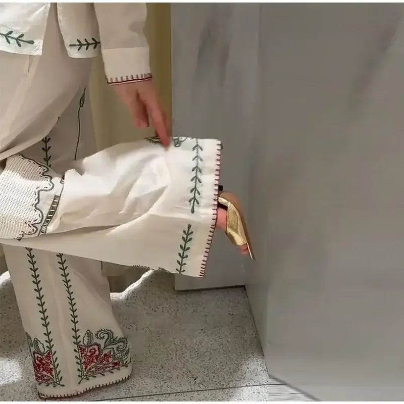 Conjunto de camisa de solapa bordada Retro, pantalón largo, camisas informales elegantes con una botonadura, conjuntos de pantalones rectos, trajes elegantes de verano