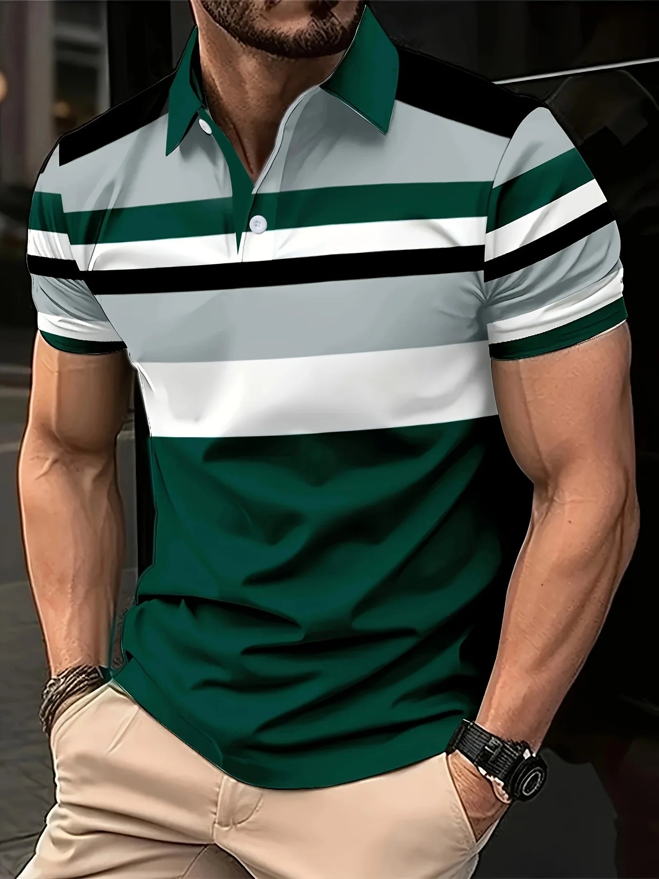 Camisa de golf informal con estampado 3D de cuadros a rayas para hombre, polo de manga corta con botones para primavera, verano y otoño