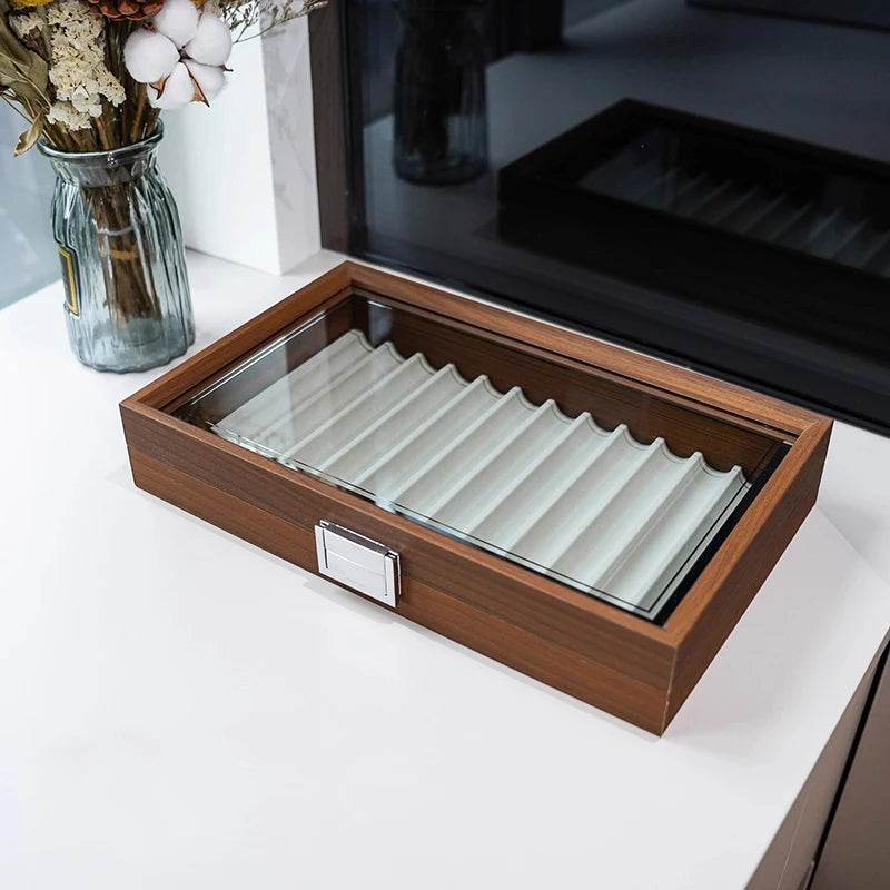Caja de almacenamiento para bolígrafos de 12 rejillas, textura de nogal de gran capacidad, vitrina transparente, estante organizador coleccionable